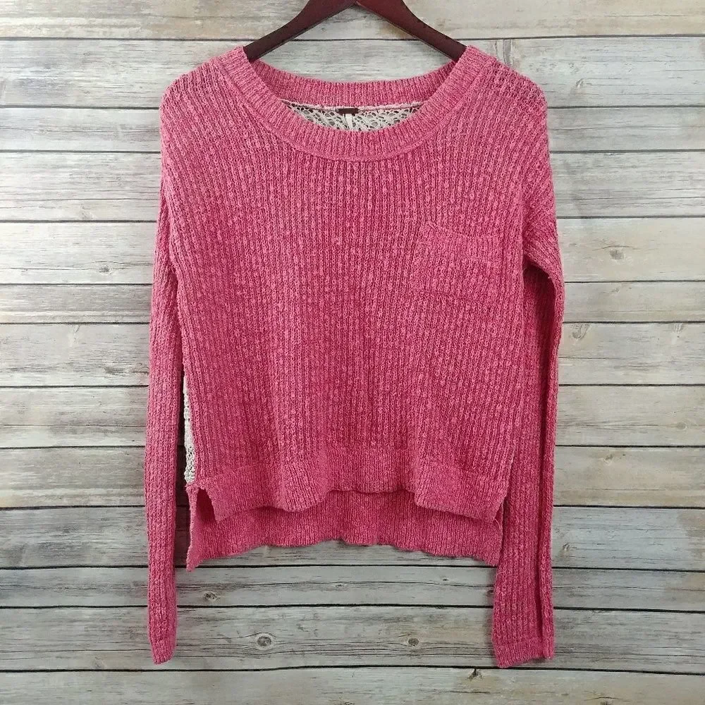 Free People Womens Lace Back Embroidered Sweater Top Pink XS